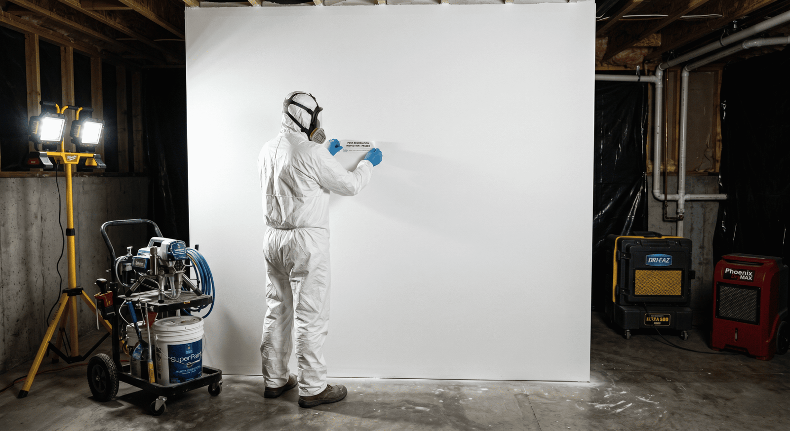Black Dallas mold remediation — Stachybotrys growth on water-damaged drywall under elevated containment