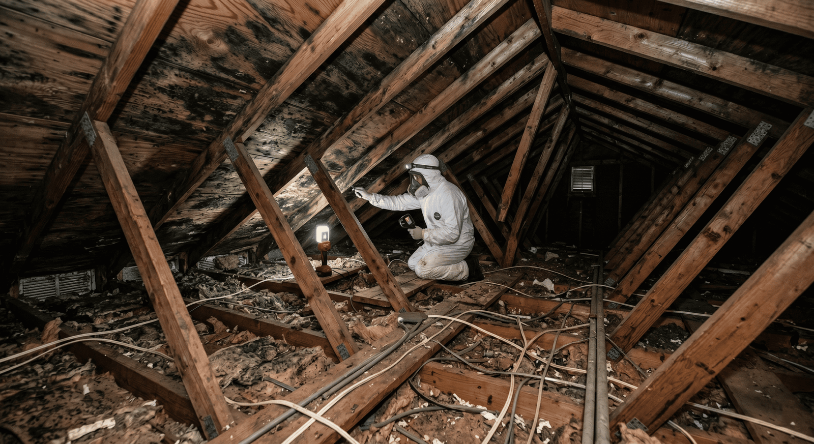 Mold on floor joists in a pier-and-beam crawl space beneath an East Dallas home