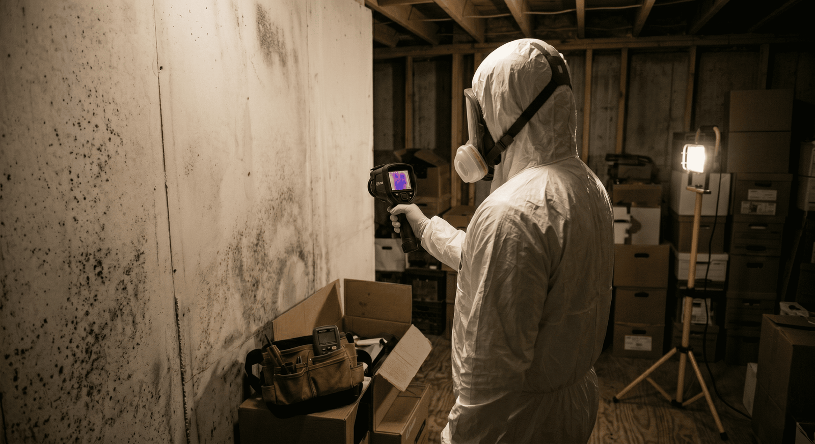 Technician in PPE running negative air and HEPA filtration during Dallas mold remediation TX project